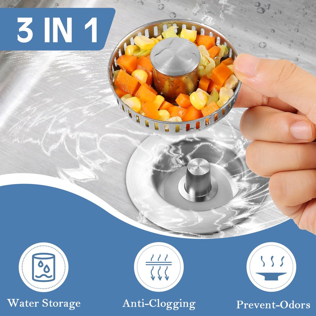 2025 Upgraded 3 in 1 Stainless Steel Kitchen Sink Drain Strainer