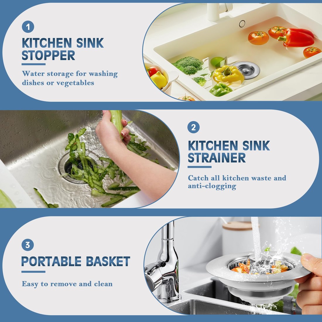 2025 Upgraded 3 in 1 Stainless Steel Kitchen Sink Drain Strainer
