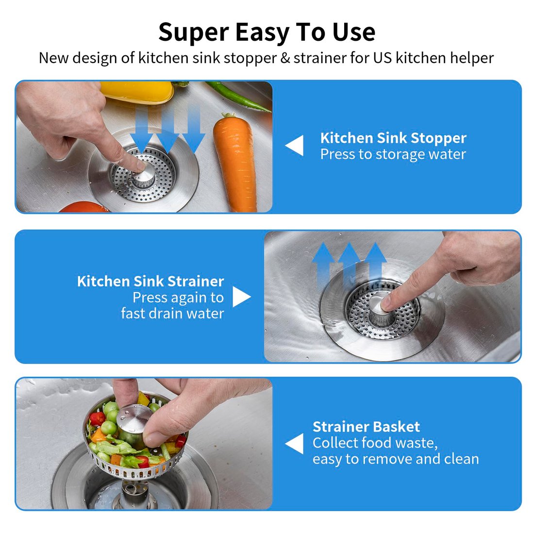 2025 Upgraded 3 in 1 Stainless Steel Kitchen Sink Drain Strainer
