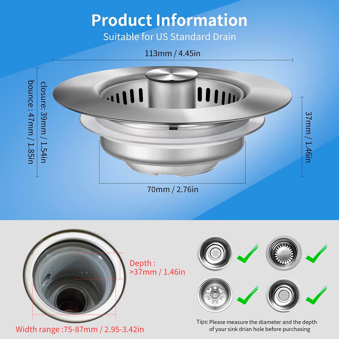 2025 Upgraded 3 in 1 Stainless Steel Kitchen Sink Drain Strainer
