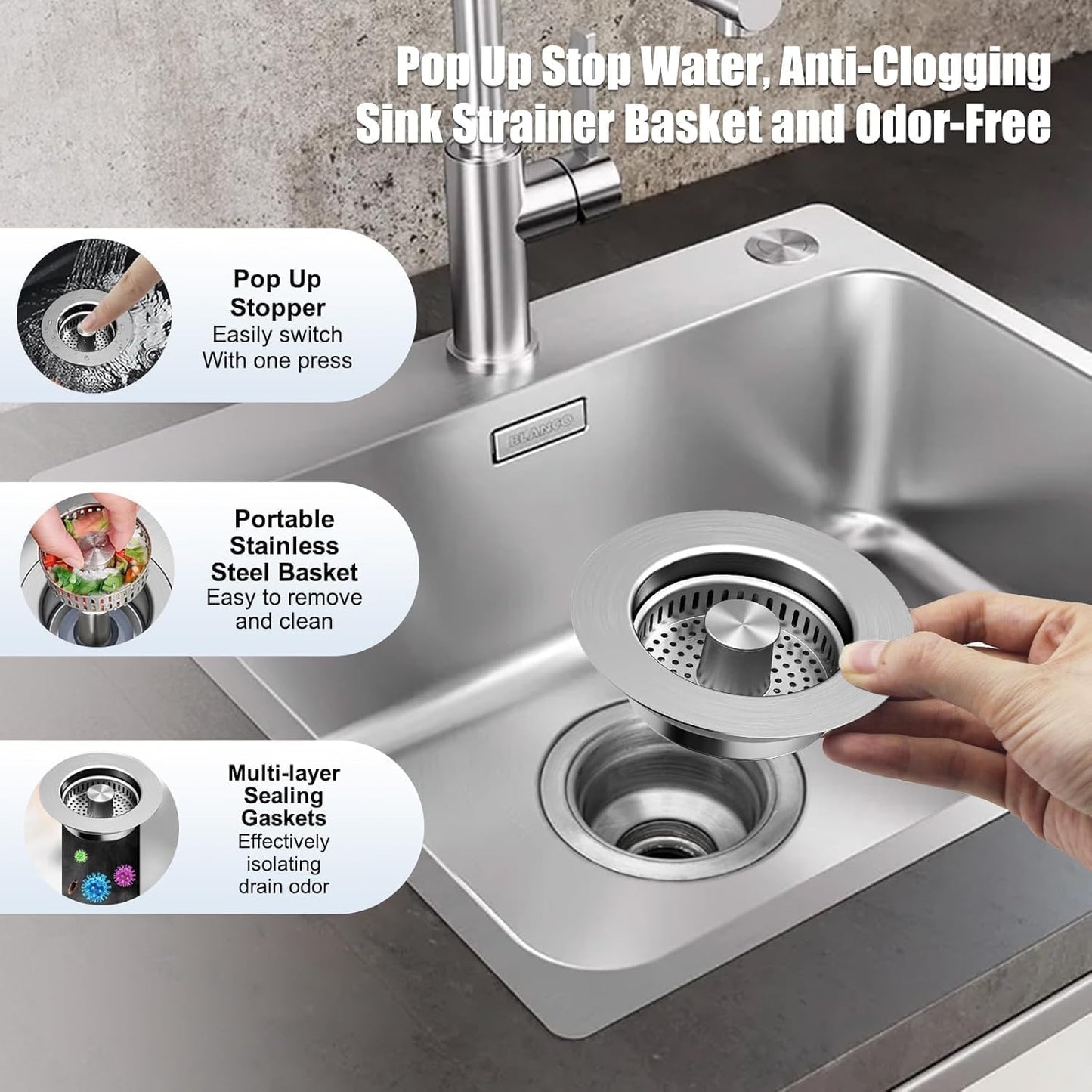 2025 Upgraded 3 in 1 Stainless Steel Kitchen Sink Drain Strainer
