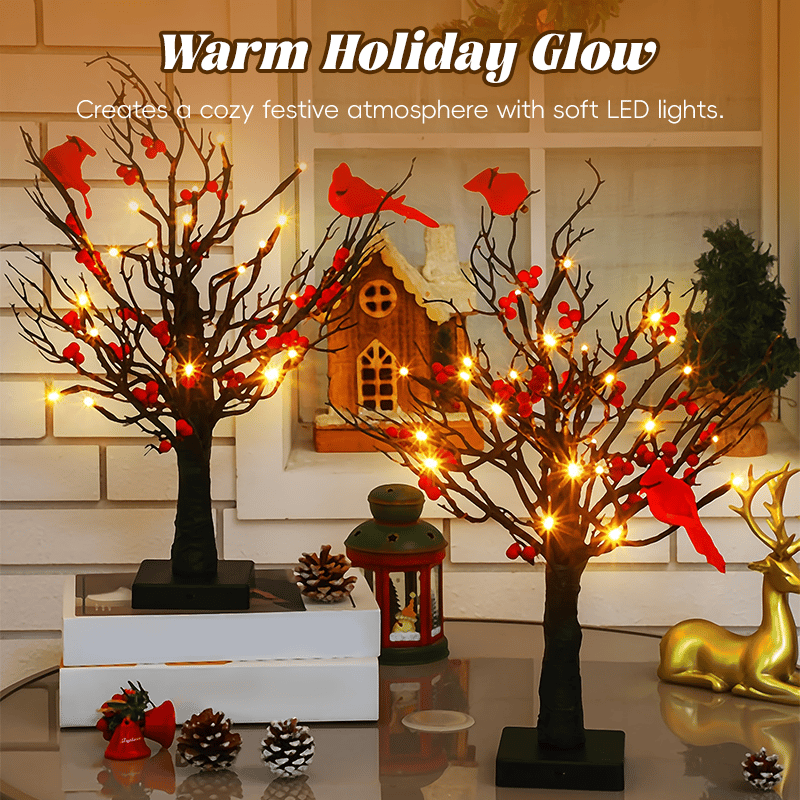 Mini Birch Tree with LED Cardinals and Berries