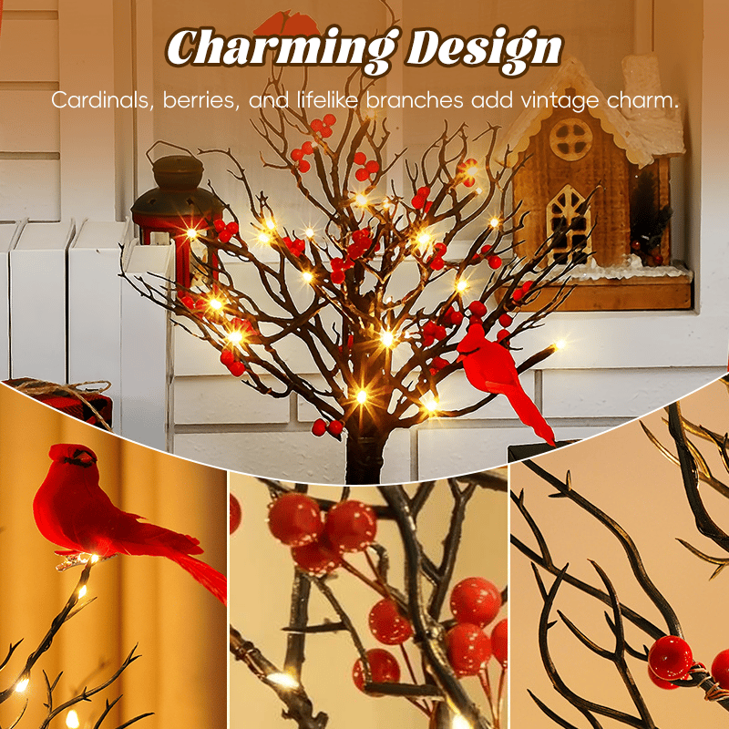 Mini Birch Tree with LED Cardinals and Berries