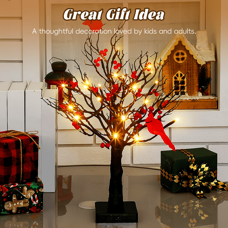 Mini Birch Tree with LED Cardinals and Berries