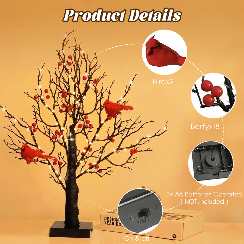 Mini Birch Tree with LED Cardinals and Berries