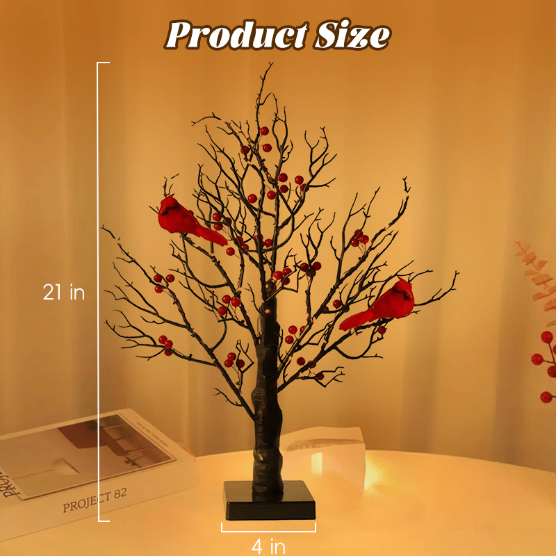Mini Birch Tree with LED Cardinals and Berries