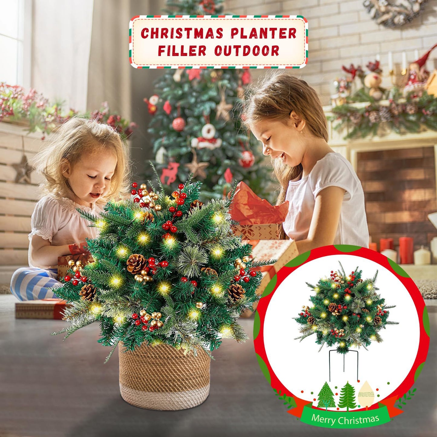 🎄🔥Pre-lit Artificial Christmas Tree Urn Filler💐