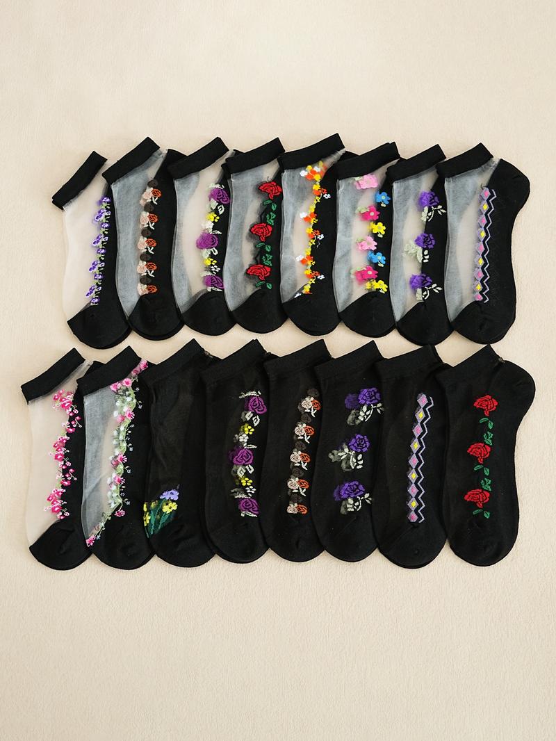 10 Pairs of Ankle-length Embroidered Floral Socks