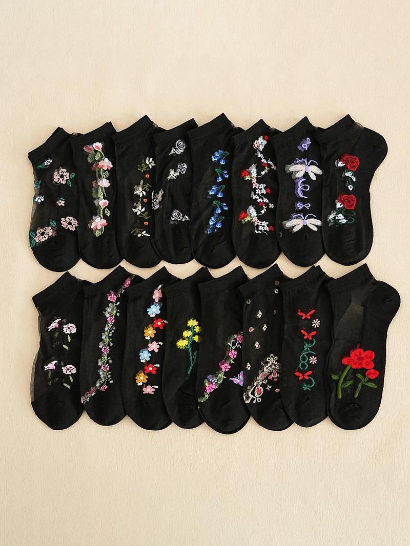 10 Pairs of Ankle-length Embroidered Floral Socks