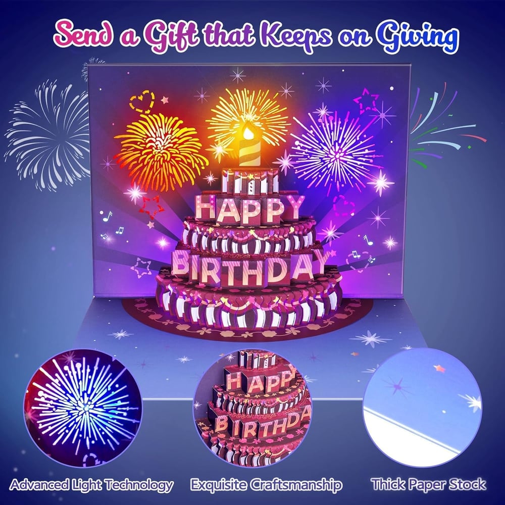 Fireworks Pop Up Cake Light and Music Happy Birthday Card Gift🎁(Inflatable Motion-Sensor Light)