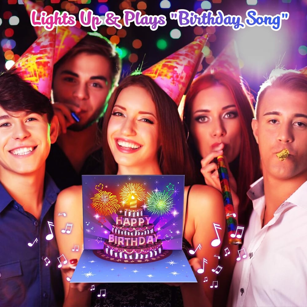 Fireworks Pop Up Cake Light and Music Happy Birthday Card Gift🎁(Inflatable Motion-Sensor Light)