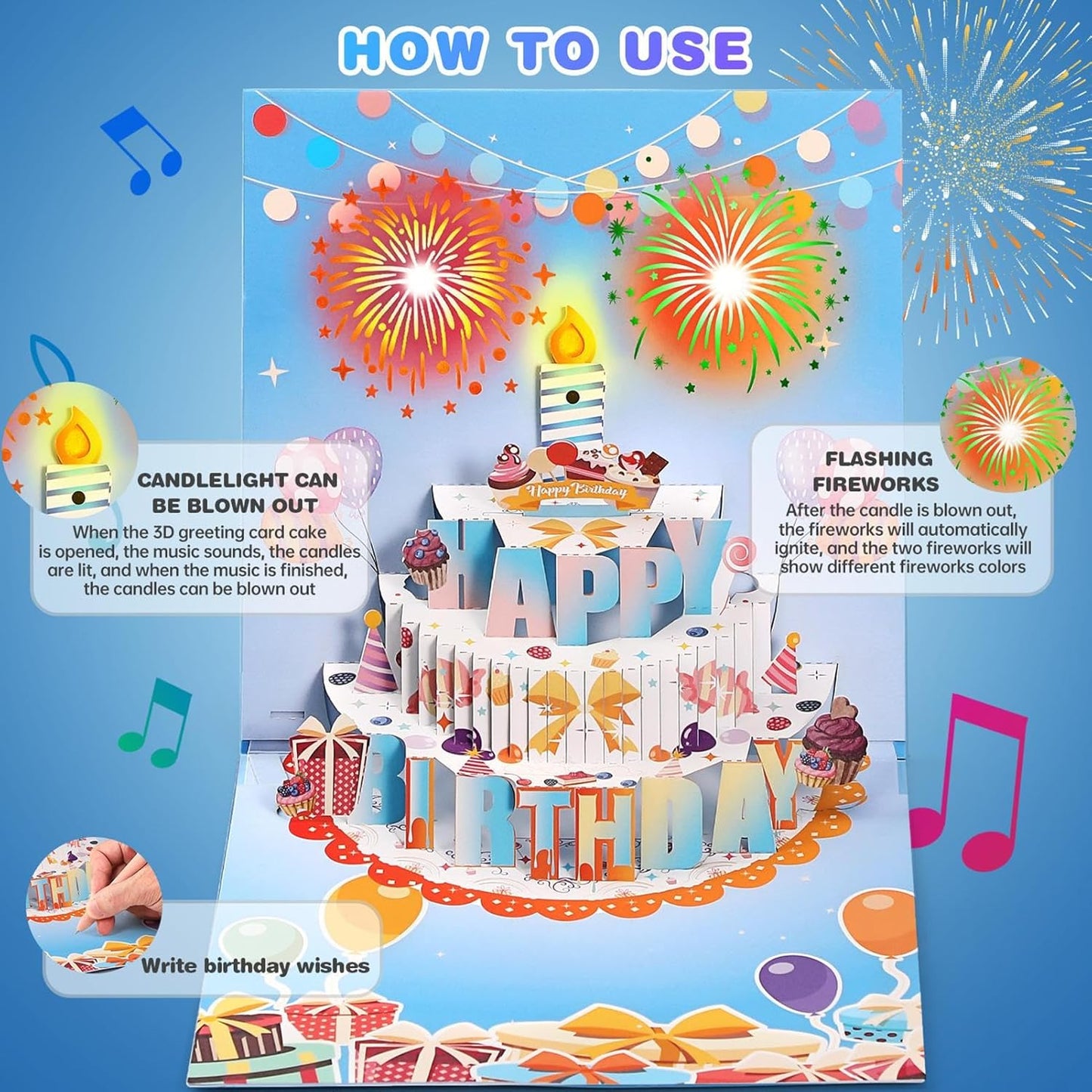 Fireworks Pop Up Cake Light and Music Happy Birthday Card Gift🎁(Inflatable Motion-Sensor Light)