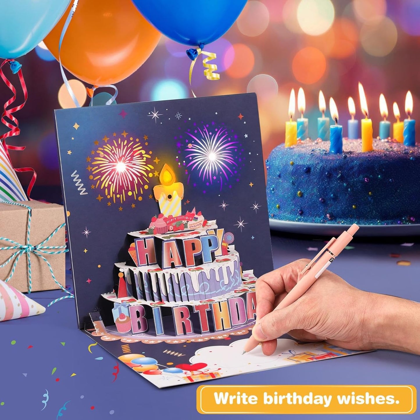 Fireworks Pop Up Cake Light and Music Happy Birthday Card Gift🎁(Inflatable Motion-Sensor Light)