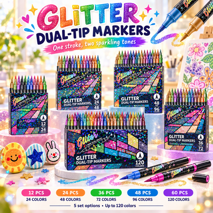 🎨Glitter Effect Brush Markers🥇✨: Create Sparkling Art Smoothly 🥳(🌈24-120 Colors | Smooth No Clog | No Bleed Through📝)