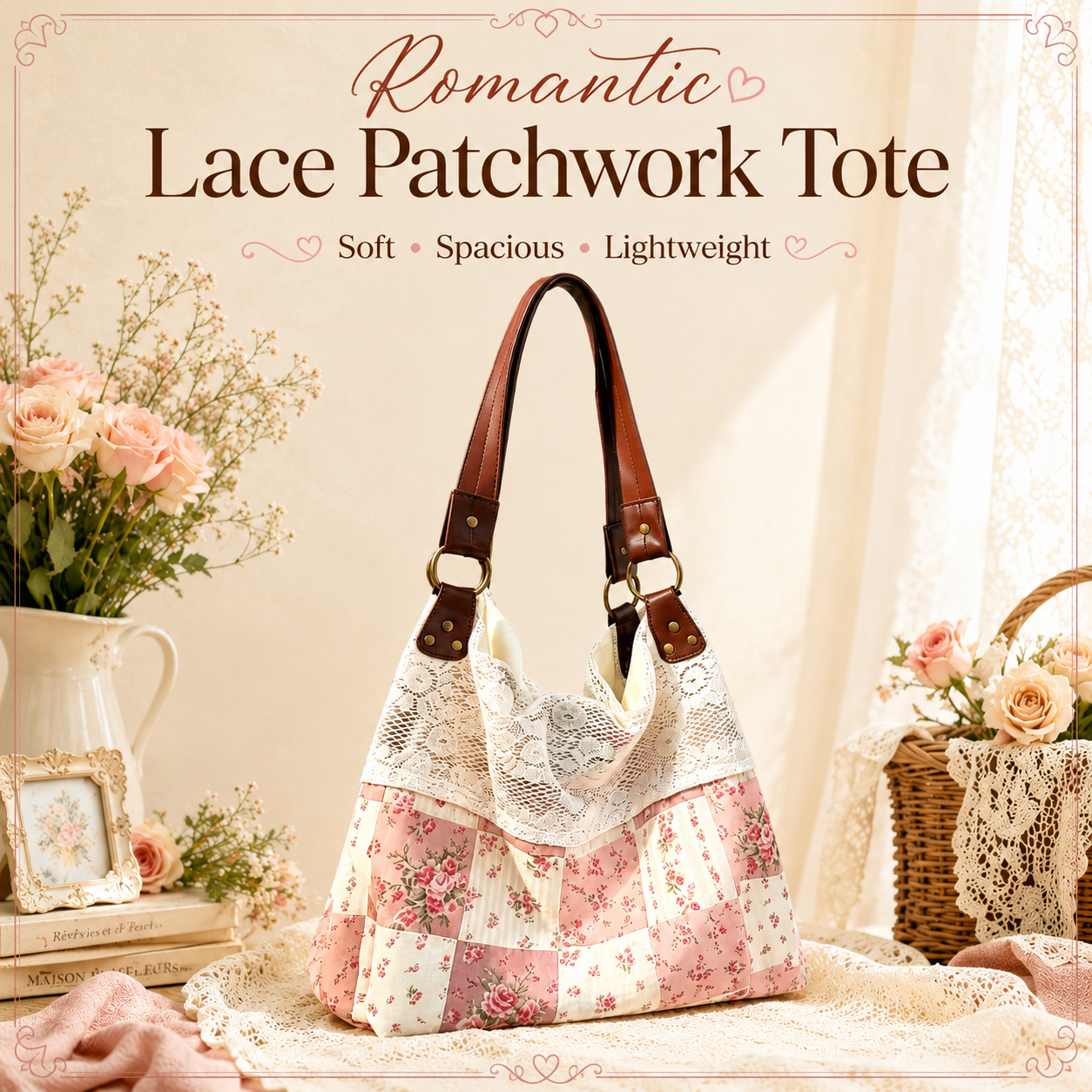 Floral-Print Patchwork Lace Handbag