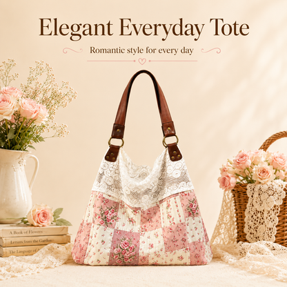 Floral-Print Patchwork Lace Handbag