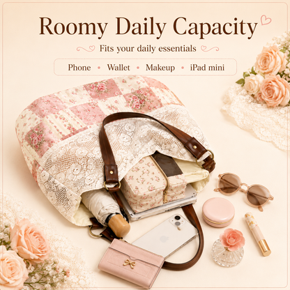 Floral-Print Patchwork Lace Handbag