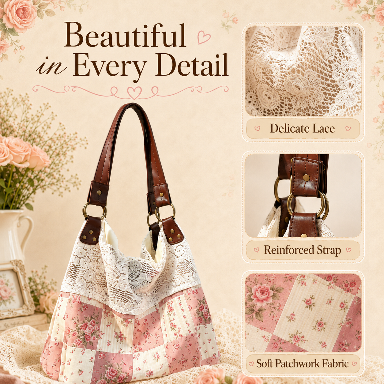 Floral-Print Patchwork Lace Handbag