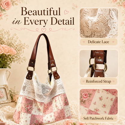 Floral-Print Patchwork Lace Handbag