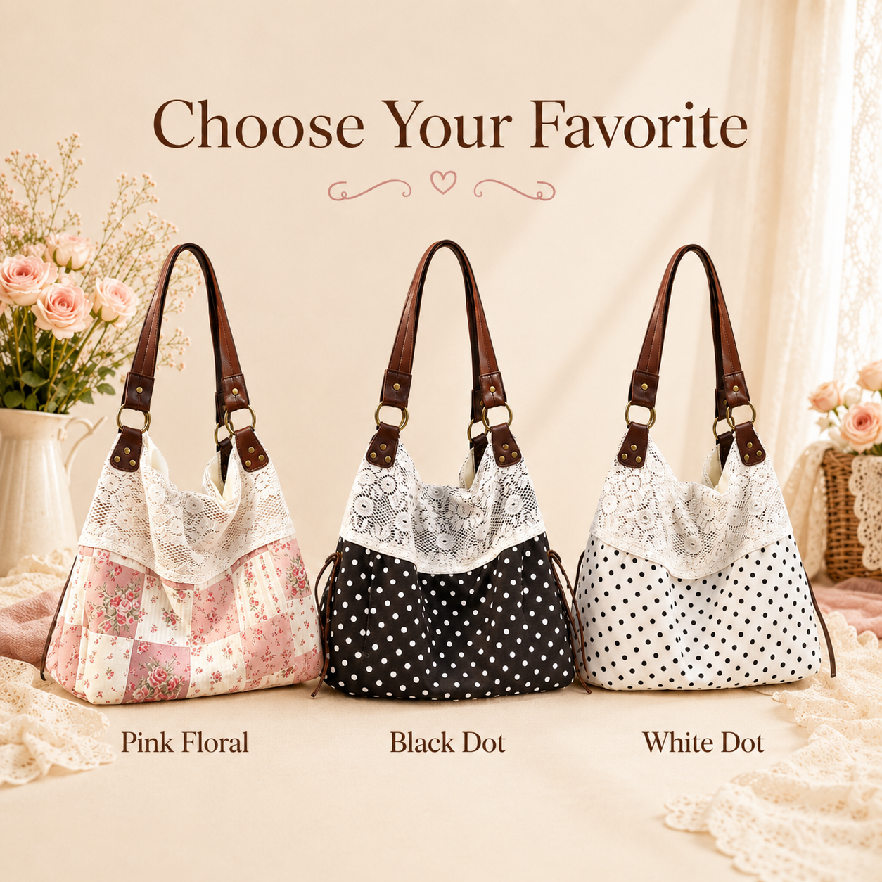 Floral-Print Patchwork Lace Handbag