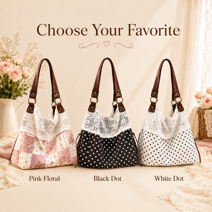 Floral-Print Patchwork Lace Handbag