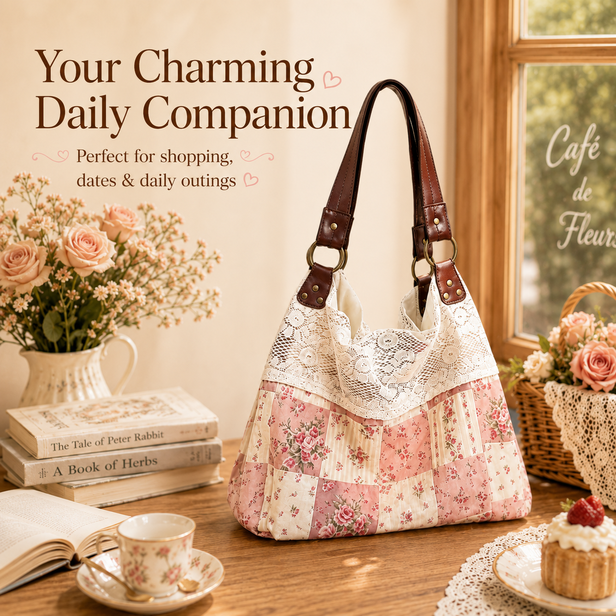 Floral-Print Patchwork Lace Handbag