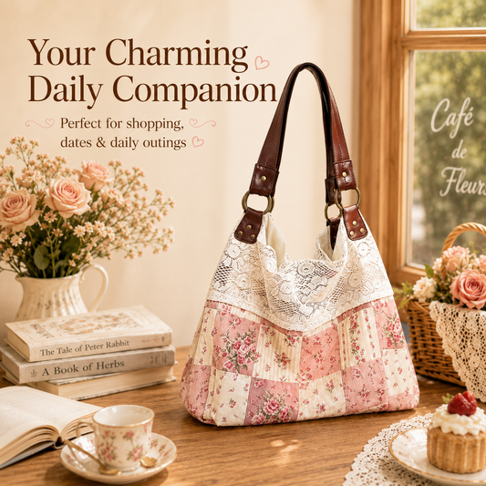 Floral-Print Patchwork Lace Handbag