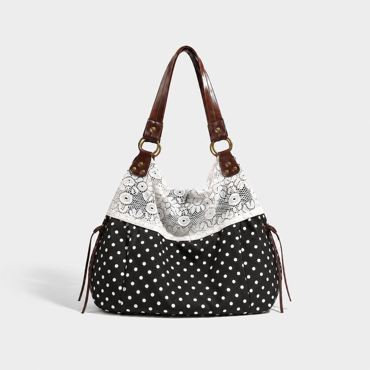 Floral-Print Patchwork Lace Handbag