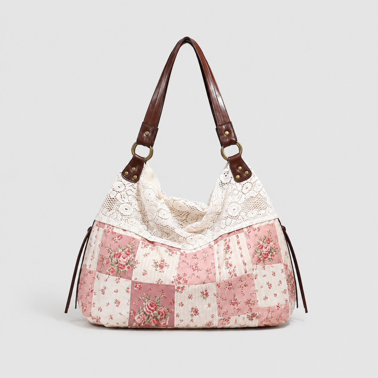 Floral-Print Patchwork Lace Handbag