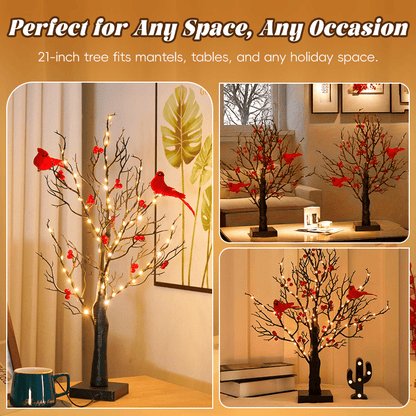 Mini Birch Tree with LED Cardinals and Berries