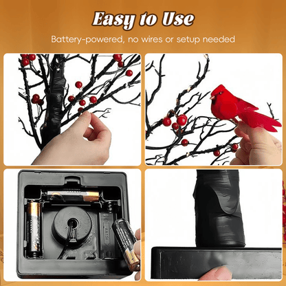 Mini Birch Tree with LED Cardinals and Berries