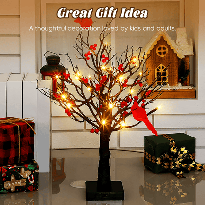 Mini Birch Tree with LED Cardinals and Berries
