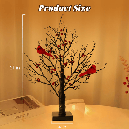 Mini Birch Tree with LED Cardinals and Berries