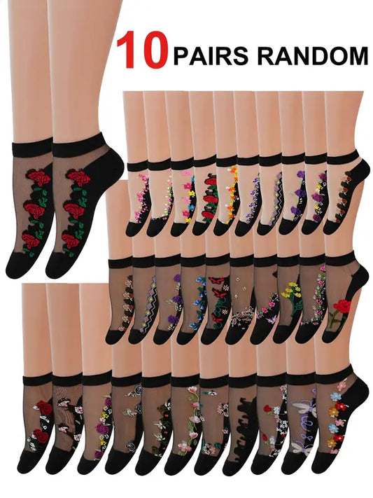 10 Pairs of Ankle-length Embroidered Floral Socks