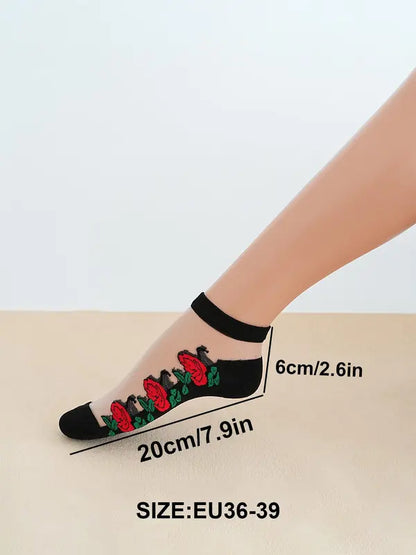10 Pairs of Ankle-length Embroidered Floral Socks