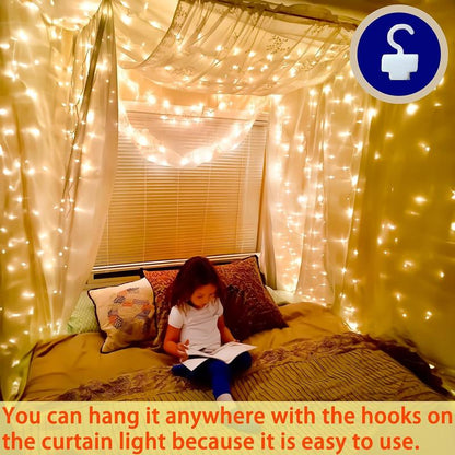 💡300 LED Curtain Fairy Lights with Remote – 8 Sparkling Modes for Christmas & Parties