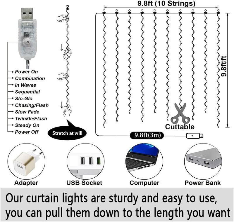 💡300 LED Curtain Fairy Lights with Remote – 8 Sparkling Modes for Christmas & Parties