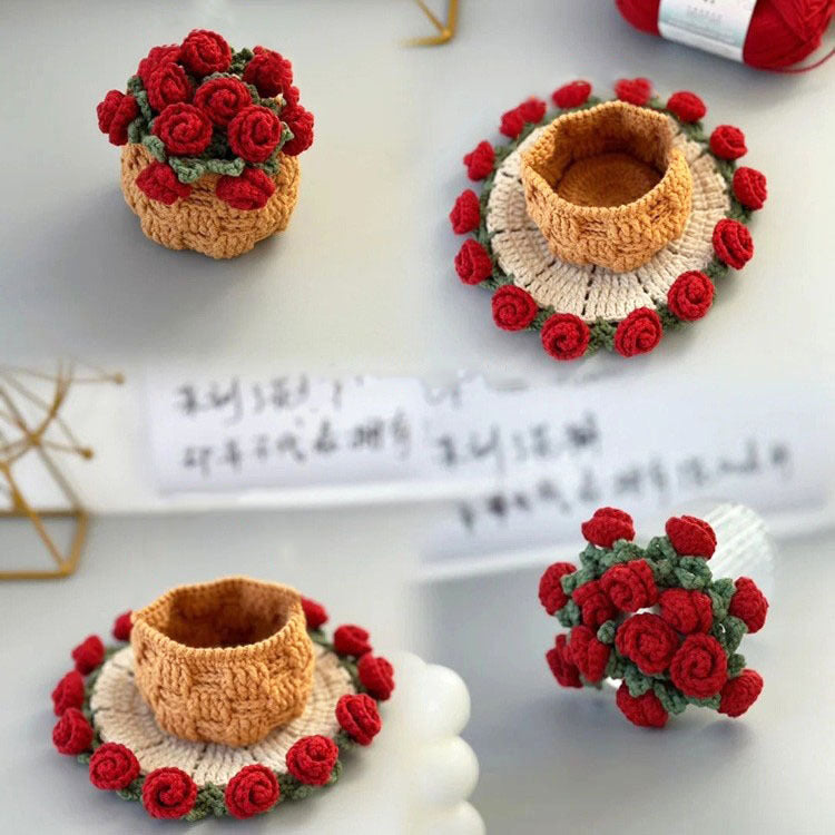 💐Handmade Crochet Rose Bouquet Coaster Set🎁(Includes Flower Baskets)