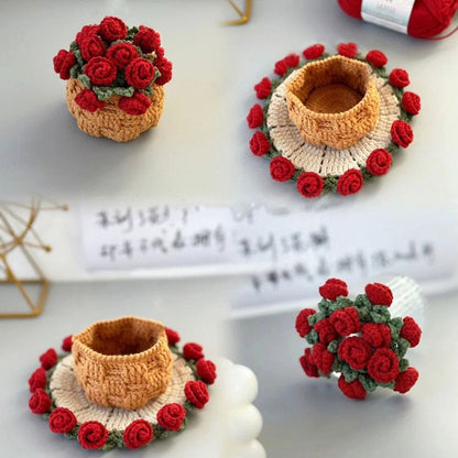 💐Handmade Crochet Rose Bouquet Coaster Set🎁(Includes Flower Baskets)
