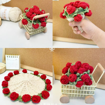 💐Handmade Crochet Rose Bouquet Coaster Set🎁(Includes Flower Baskets)