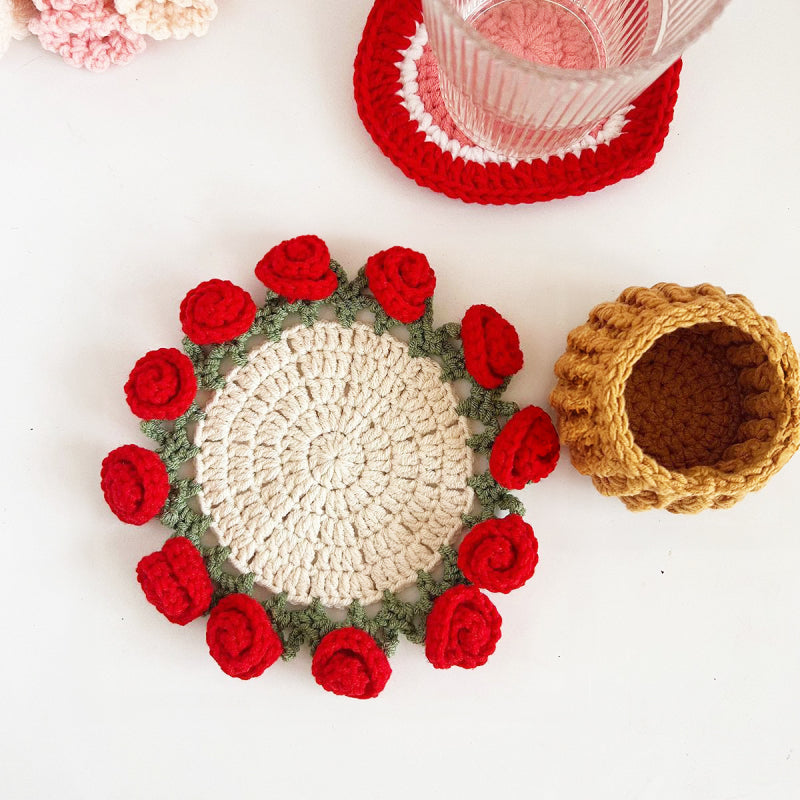💐Handmade Crochet Rose Bouquet Coaster Set🎁(Includes Flower Baskets)