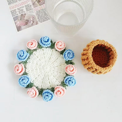 💐Handmade Crochet Rose Bouquet Coaster Set🎁(Includes Flower Baskets)