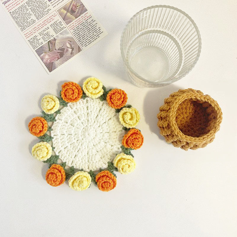 💐Handmade Crochet Rose Bouquet Coaster Set🎁(Includes Flower Baskets)