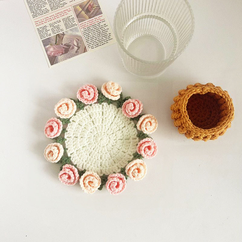 💐Handmade Crochet Rose Bouquet Coaster Set🎁(Includes Flower Baskets)