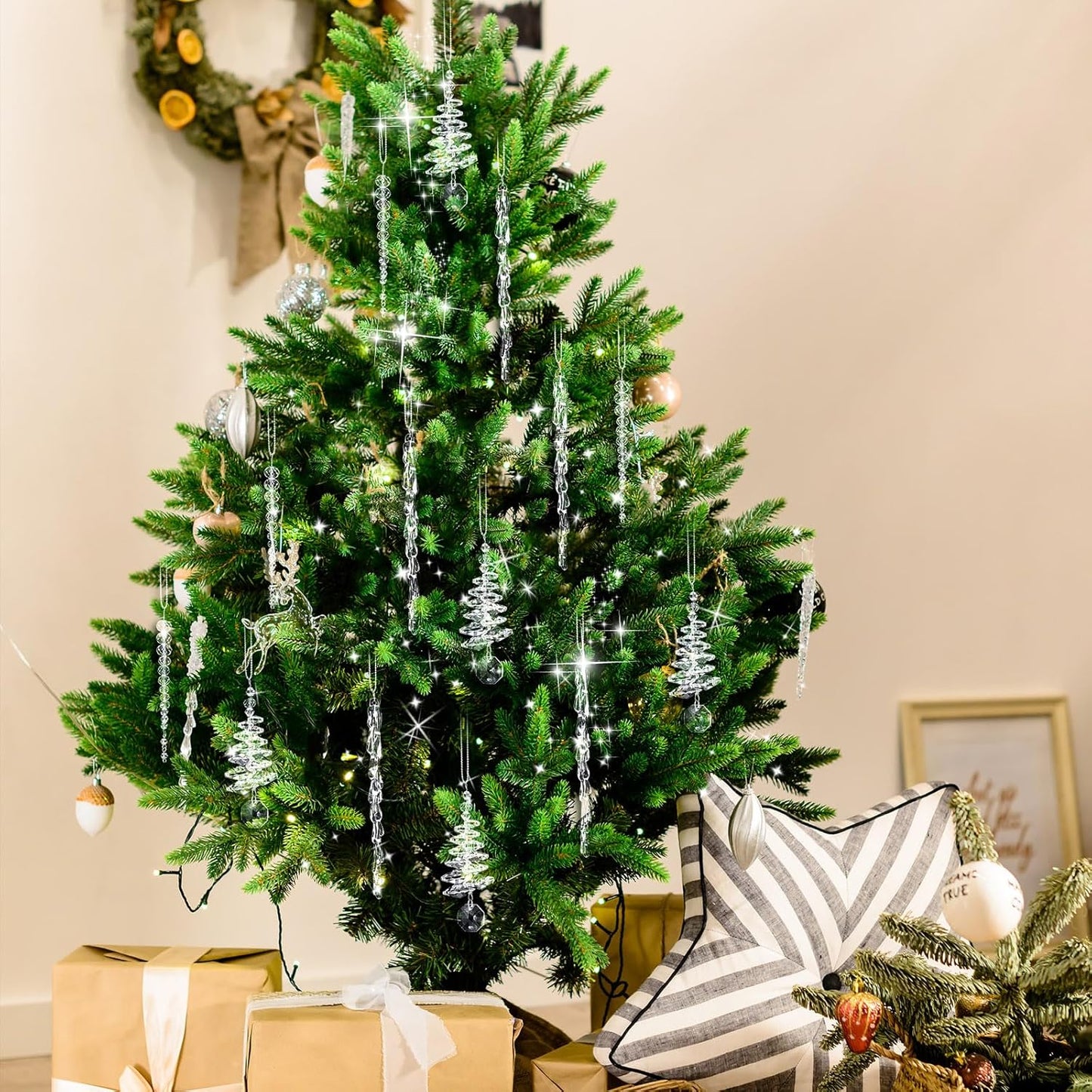 24 Pcs Crystal Icicle Christmas Tree Ornaments(3 Styles Christmas Icicles)