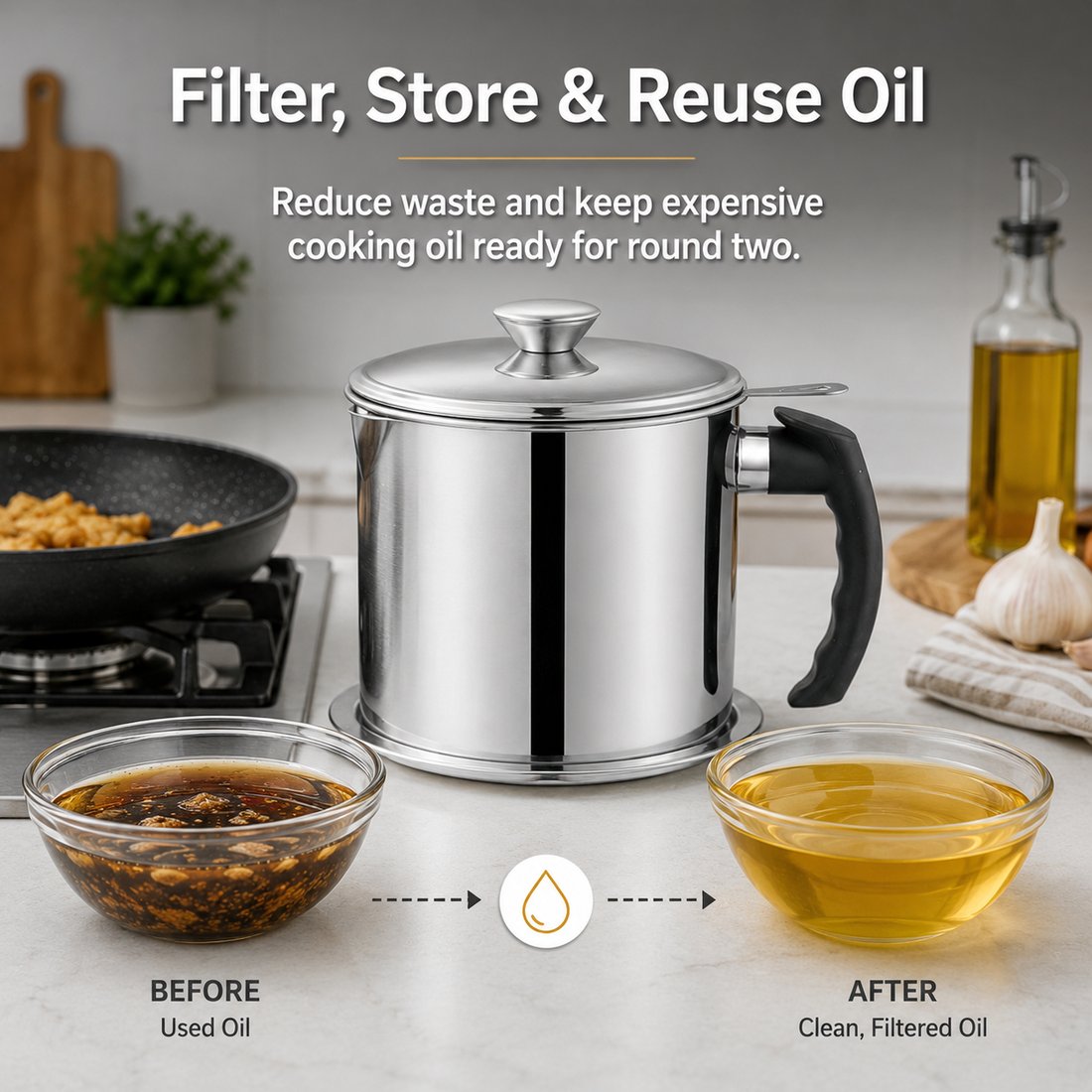 🍳 Premium 304 Stainless Steel Oil Strainer & Storage Jug