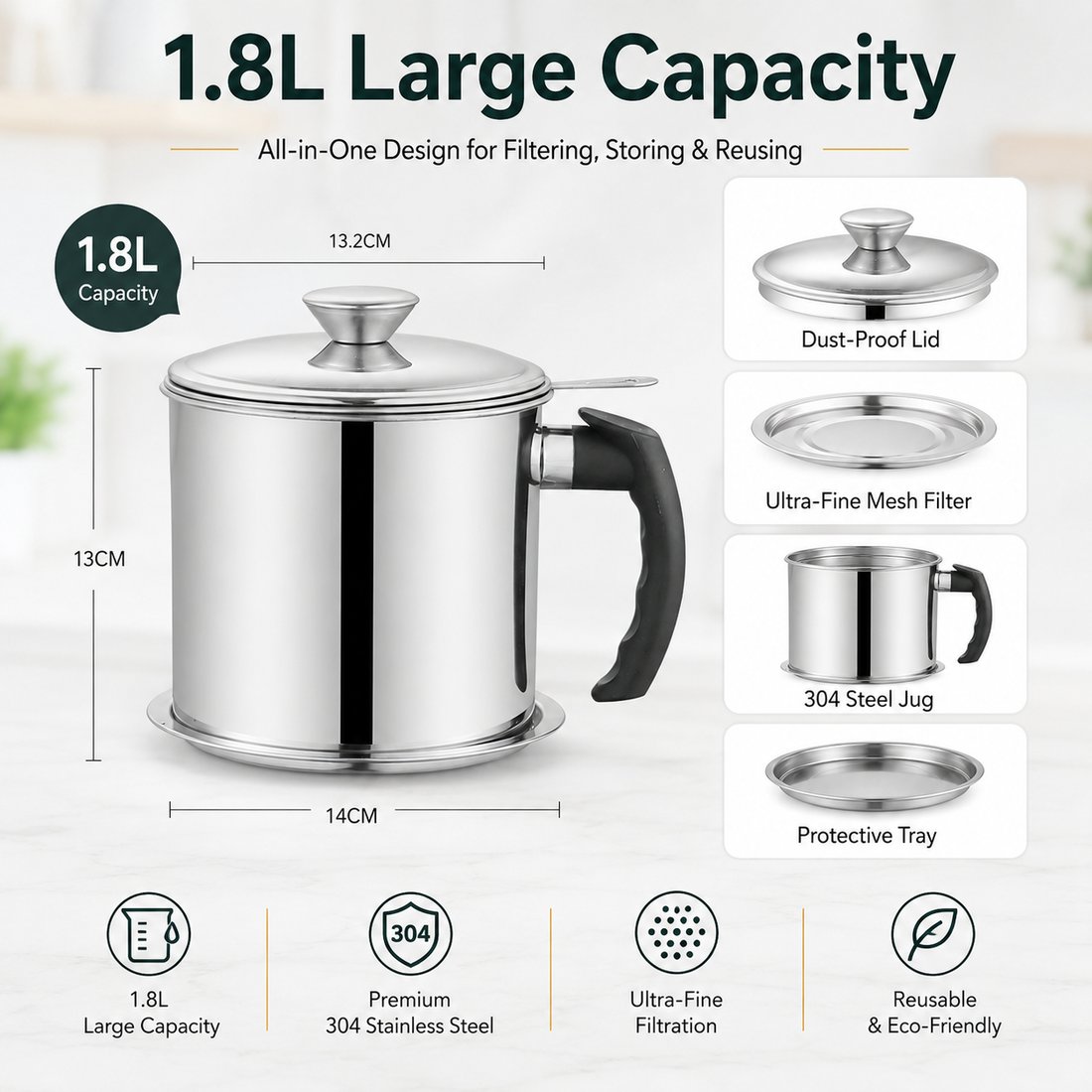 🍳 Premium 304 Stainless Steel Oil Strainer & Storage Jug