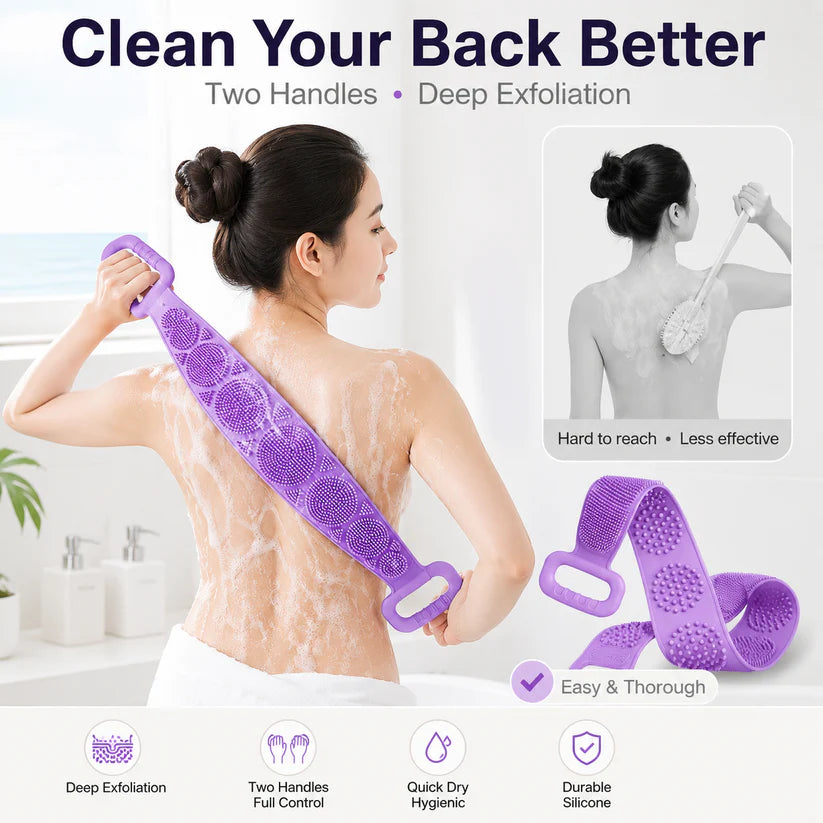 Silicone Back Scrubber Belt with Easy-Grip Handles, Dual-Sided Exfoliating Body Brush for Shower
