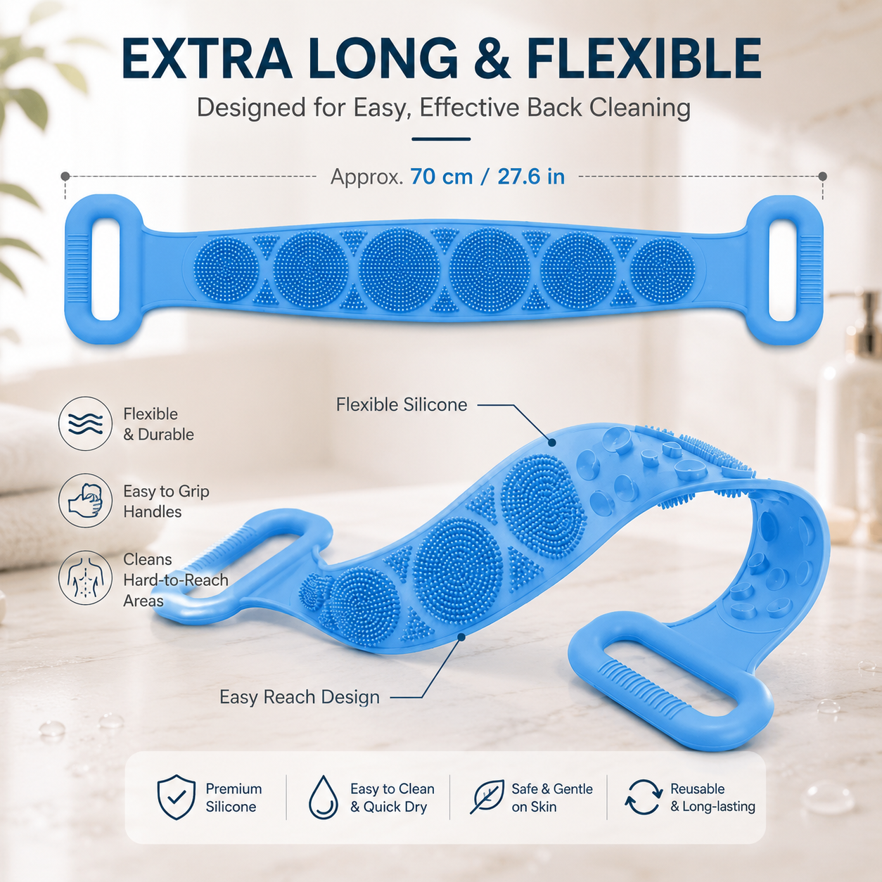 Silicone Back Scrubber Belt with Easy-Grip Handles, Dual-Sided Exfoliating Body Brush for Shower