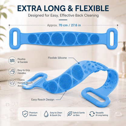 Silicone Back Scrubber Belt with Easy-Grip Handles, Dual-Sided Exfoliating Body Brush for Shower